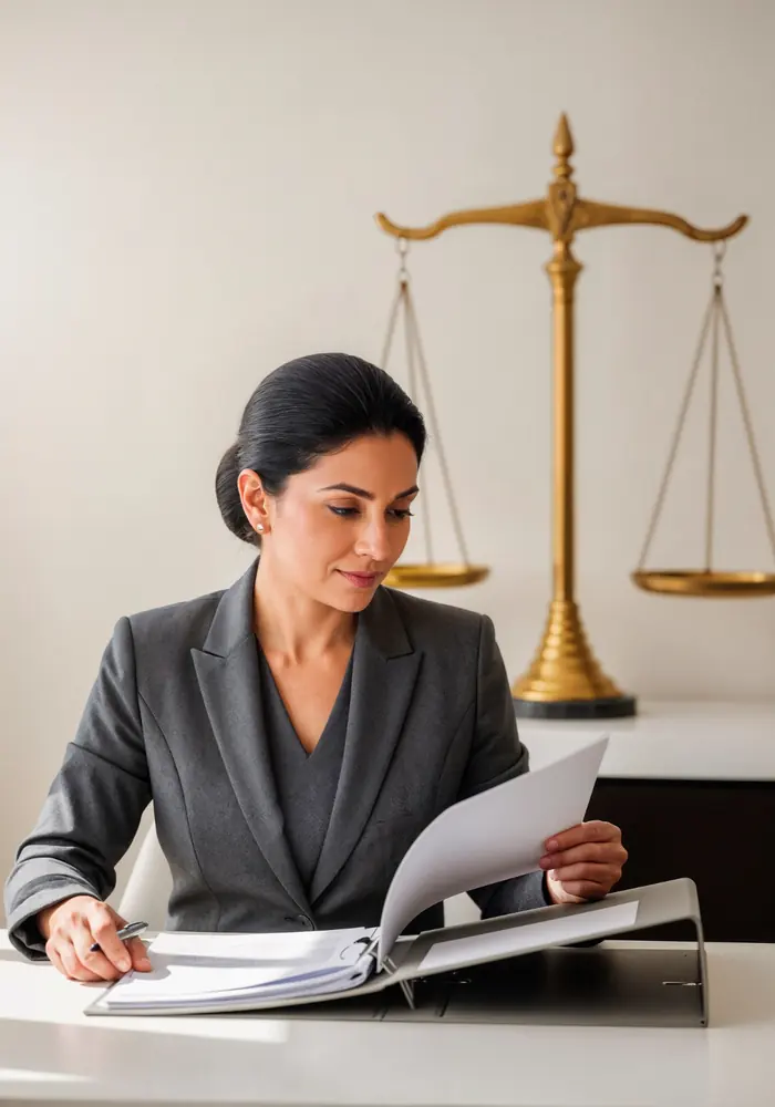 A professional woman reviewing a document beside a brass scale of justice