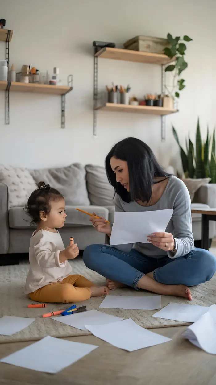 A mother sorting papers on the living room floor beside her young child